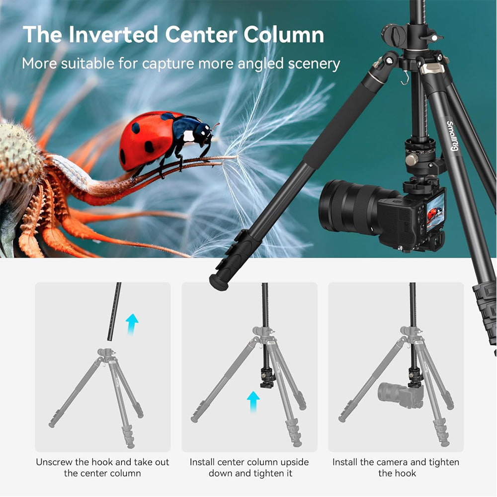 SmallRig CT200 Lateral Center Column Camera Tripod with Smartphone Holder, Arca-Type Quick Release Ball Head, 4-Section Legs, Monopod Function, 10kg Load Capacity, and 185cm Maximum Height | 4288