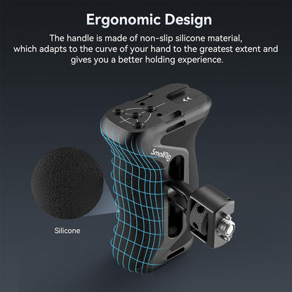SmallRig Right-or-Left Side Handle Grip for Camera Cage with ARRI 3/8"-16 & 1/4"-20 Locating Screws, 15kg Payload Capcity, Cold Shoe Mounts, Wrist Strap Slot, 1.4" Vertical Adjustment | 4346