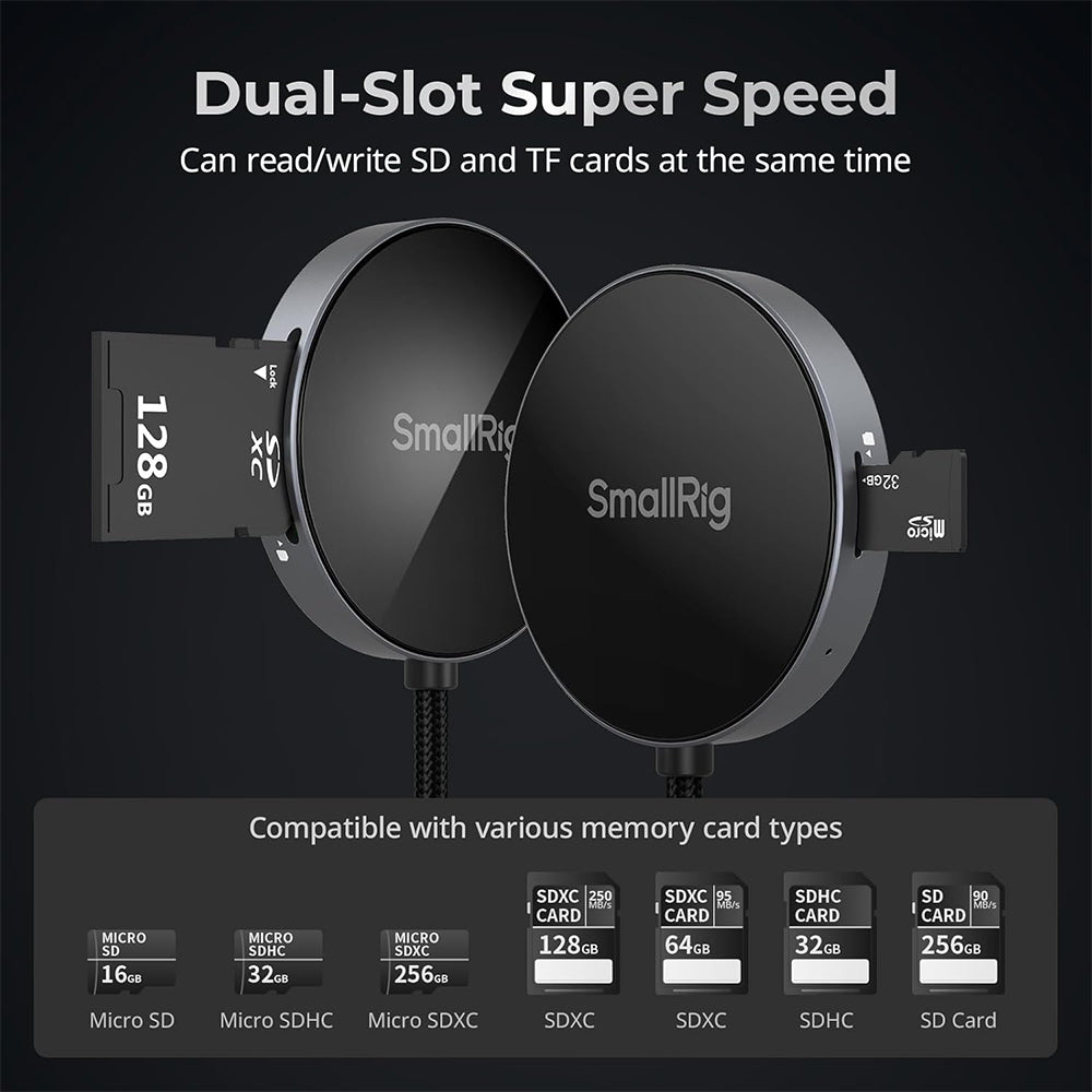 SmallRig Dual SD/TF USB 3.0 4.0 Magnetic MagSafe Memory Card Reader with SDXC / microSDXC Slots, High-Speed 104MB/s 312MB/s Data Transfer, 90° Angled Connector for Smartphones | 4869 4870