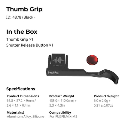 SmallRig Thumb Grip Rest and Shutter Release Button for FUJIFILM X-M5 Mirrorless Camera, Shoe Mount with Silicone Pads for Photography | Silver, Black