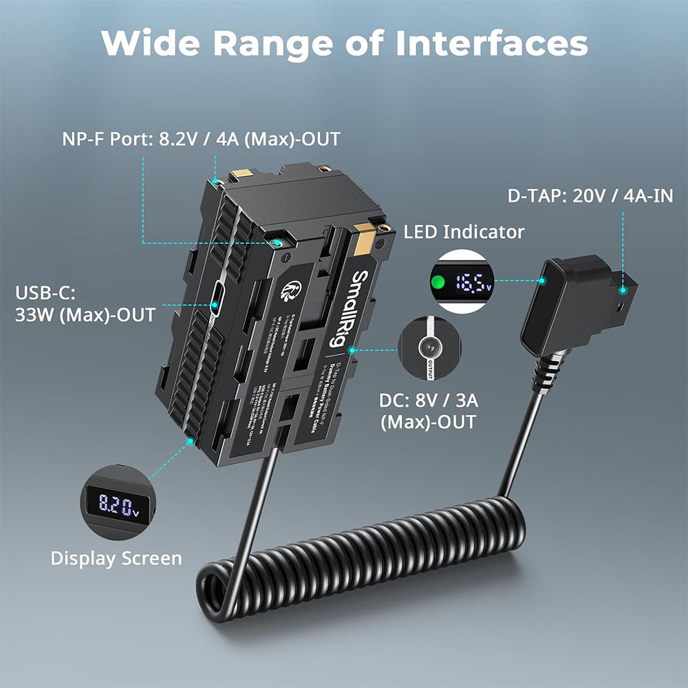 SmallRig D-Tap to Dual-Sided NP-F Dummy Battery Power Cable Adapter with 8.2 VDC Output, Multiple Circuit Protections, USB-C Port PD & PPS Fast Charging for Power Cameras, Monitors, Video Transmitters, Accessories | 4884