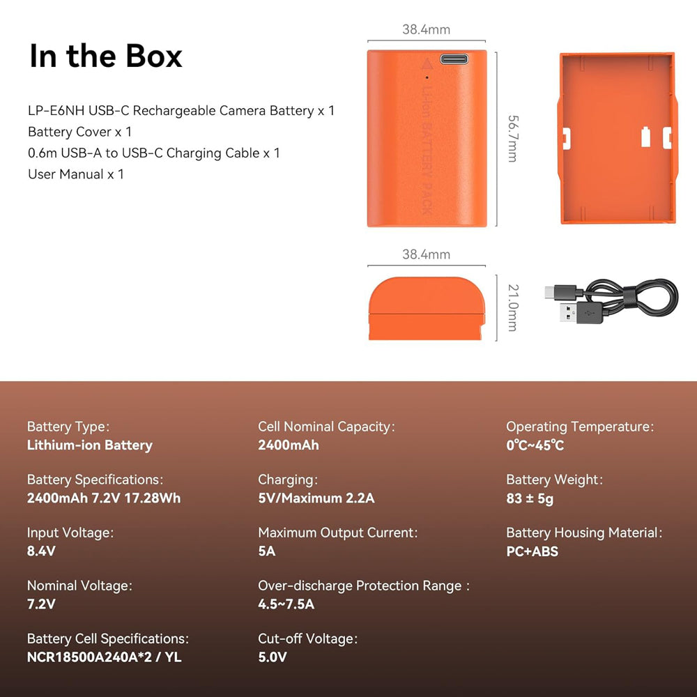 SmallRig LP-E6NH Rechargeable Lithium-Ion Battery 2400mAh 7.2V with USB-C Direct Charging for Selected CANON Cameras EOS R7，XC10，EOS 5DS R，EOS R6，XC15，EOS R5，EOS 80D，EOS 70D， EOS R5C，EOS 7D Mark II，EOS 6D Mark II，EOS 90D, EOS R & Others
