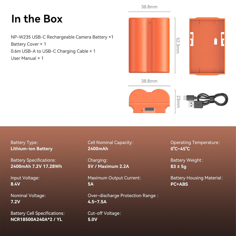 SmallRig NP-W235 Rechargeable Li-Ion Battery 2400mAh 7.2V w/ USB-C Direct Charging for FUJIFILM Cameras X-T4, GFX 100S, GFX 50SII, X-H2, X-H2S, and X-T5