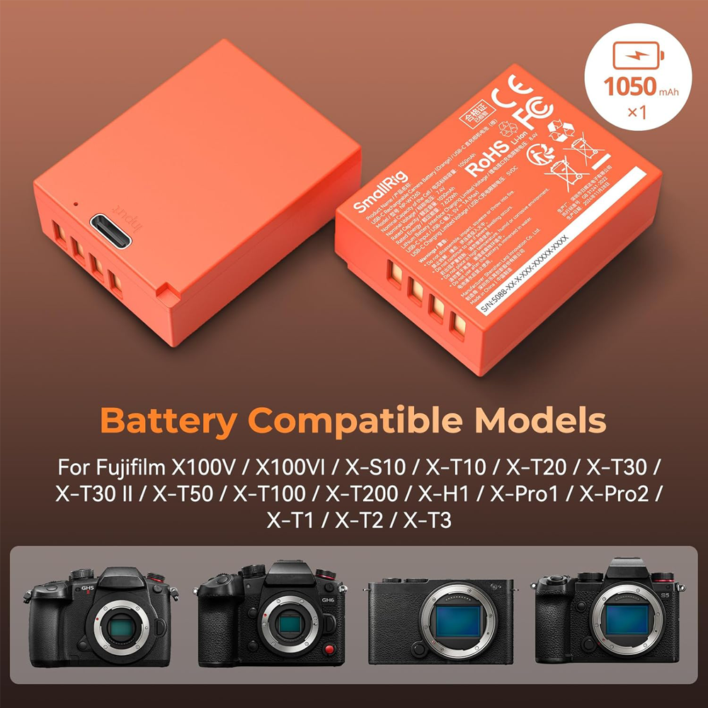 SmallRig NP-W126S Rechargeable Lithium-Ion Battery Pack 1050mAh 8.4V with USB Type-C Charging Cable for Selected Fujifilm Mirroless Cameras | Blue / Orange | 5062 5088
