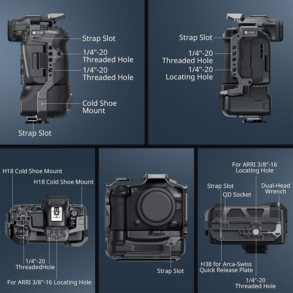 SmallRig Camera Cage Kit for Canon EOS R5 Mark II Aluminum Alloy with CF-R20EP Battery Grip & Arca-Swiss Quick Release Baseplate, Cold Shoe Mount, NATO Rail, 1/4"-20 & 3/8"-16 Accessory Threads for Tripods and Gimbal Stabilizers | 5092