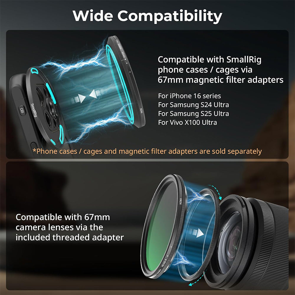 SmallRig 67mm Magnetic Filter Kit with 1 to 9-Stop VND2-32 / 64-400 Variable Neutral Density + CPL Circular Polarizer + 1/4 Black Mist Multi-Coated for Smartphone Video Rigs Cages and Camera Lenses | 5169 5170