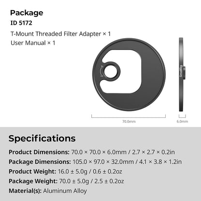 SmallRig Threaded 67mm T-Mount Lens Filter Adapter Ring with Magnetic Attachment for Smartphone Cages, Rigs and Cases | 5172 | JG Superstore