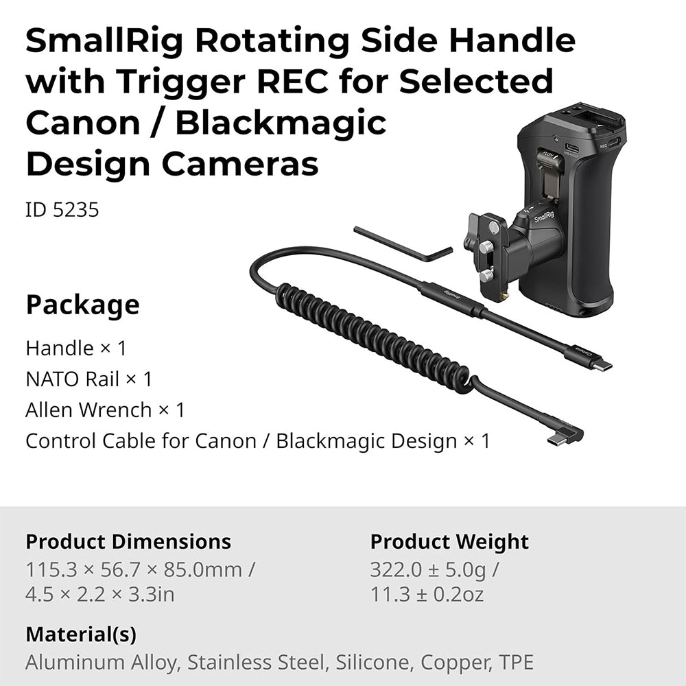 SmallRig Rotating Side Handle with Trigger REC Recording Button for Selected Canon and Blackmagic Design Cameras, Intergrated Control Function, Ergonomic Secure Grip Design, 1/4-20" Threaded Holes and Cold Shoe Mount | 5235
