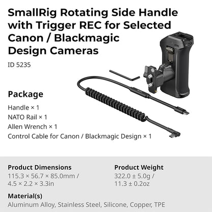 SmallRig Rotating Side Handle with Trigger REC Recording Button for Selected Canon and Blackmagic Design Cameras, Intergrated Control Function, Ergonomic Secure Grip Design, 1/4-20" Threaded Holes and Cold Shoe Mount | 5235