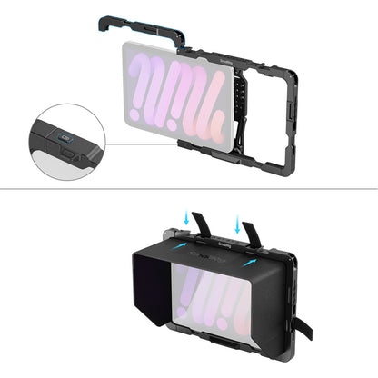 SmallRig Formfitting Tablet Cage with Sun Hood for 8.3" iPad Mini 6 / A17 Pro Tablet with Multiple 1/4"-20 and 3/8"-16 Threaded Mounts, Dual Cold Shoe Mounts and TO Rails