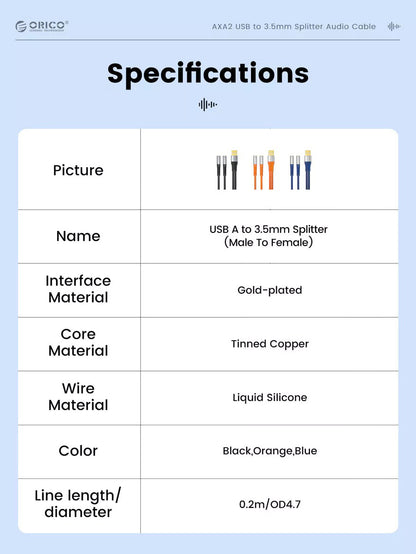 [CLEARANCE] ORICO USB A Male to Dual Female 3.5mm AUX Audio Adapter Cable 0.2 Meters for Headphone Earphone Headset Computer PC Laptop | AXA2