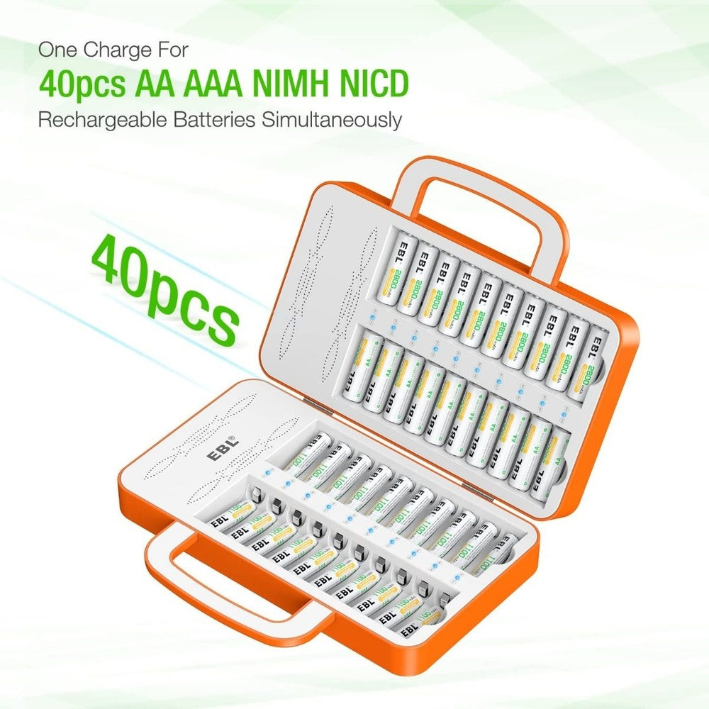 [CLEARANCE] EBL TB-6880 40-Bay Multi-function Smart Battery Charger Unit with LED Status Indicator Lights, Advanced Cooling System, and Intelligent Overcurrent Protection for AA AAA NiMH NiCD Rechargeable Batteries