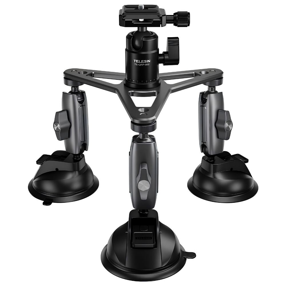 TELESIN Triple Suction Cup Mount Car Camera Rig for GoPro Insta360 DJI DSLR Mirrorless