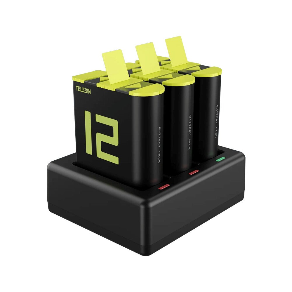 TELESIN GOPRO HERO 12 11 10 9 BLACK Triple Bay USB-C Battery Charger / 1720mAh Stamina Rechargeable Battery for Action Cameras
