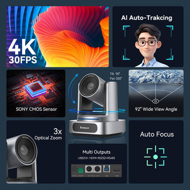Tenveo EZ10H‑4K / EZ3H‑4K AI Auto Tracking PTZ Camera – 4K UHD Video Camera w/ 10X/3X Optical Zoom