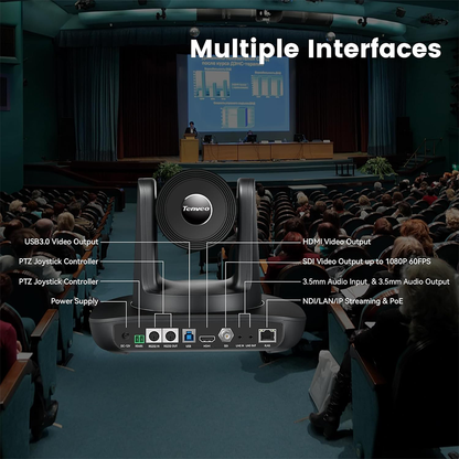 Tenveo TEVO-UHD612A-4K PTZ Video Conference Camera, 4K 30fps, 8.29MP, up to 30x Optical Zoom, 1/2.8" CMOS Sensor, 8x Digital Zoom, Auto / Manual Focus, Smart AI Auto Tracking, 3G-SDI, HDMI, USB Input / Output and PoE Support