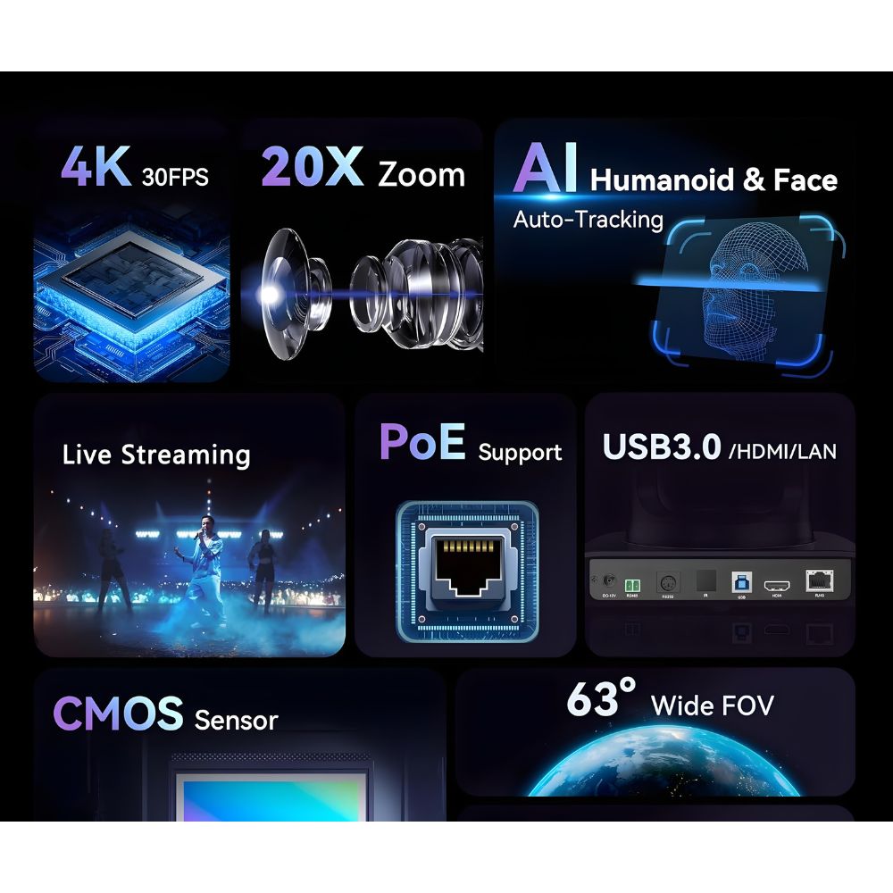 Tenveo TEVO-VHD20H-4K-NDI HX2 UHD 4K AI Auto Tracking PTZ Camera with Pan, Tilt, & 20x Optical Zoom