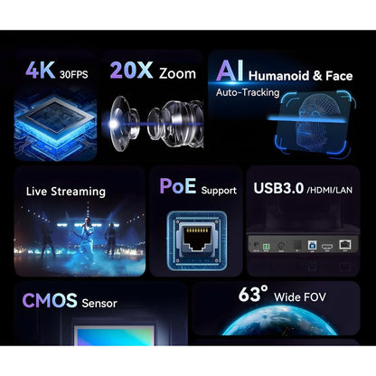 Tenveo TEVO-VHD20H-4K-NDI HX2 UHD 4K AI Auto Tracking PTZ Camera with Pan, Tilt, & 20x Optical Zoom