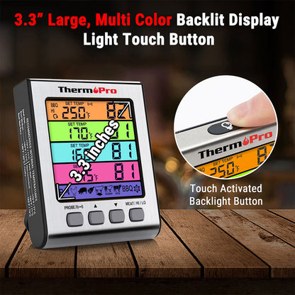 ThermoPro TP17H Digital Meat Thermometer with 4 Color-Coded Probes, Large Multi-Color Touch Backlit Display, USDA Presets and BBQ High/Low Temp Alarm for Grilling, Smoking, Roasting, and Oven Cooking