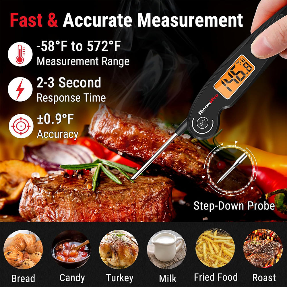 ThermoPro Instant Read Meat Thermometer Waterproof Digital Digital Backlit with Backlight, Calibration, Foldable Probe & Fast Up to 2-3s Read Time for Kitchen, Outdoor Grilling and BBQ | TP605 | TP603