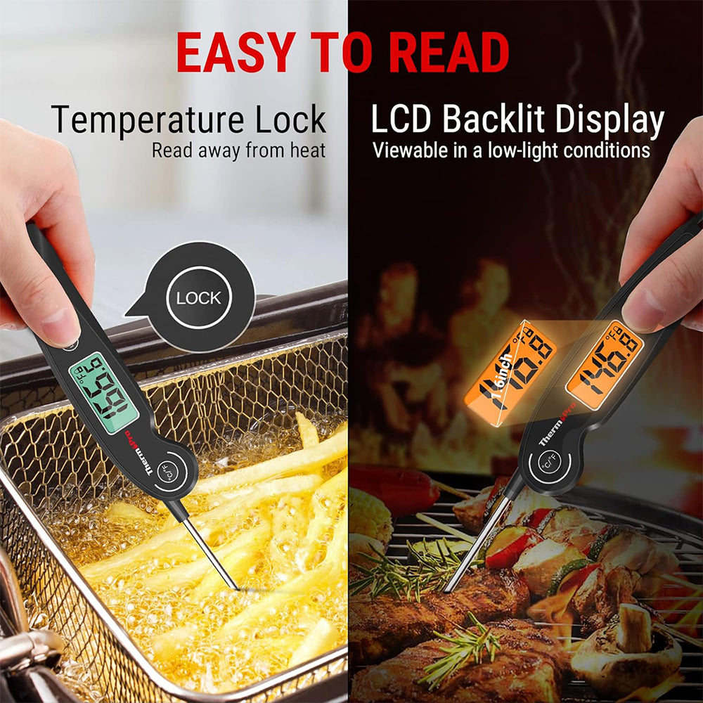 ThermoPro Instant Read Meat Thermometer Waterproof Digital Digital Backlit with Backlight, Calibration, Foldable Probe & Fast Up to 2-3s Read Time for Kitchen, Outdoor Grilling and BBQ | TP605 | TP603
