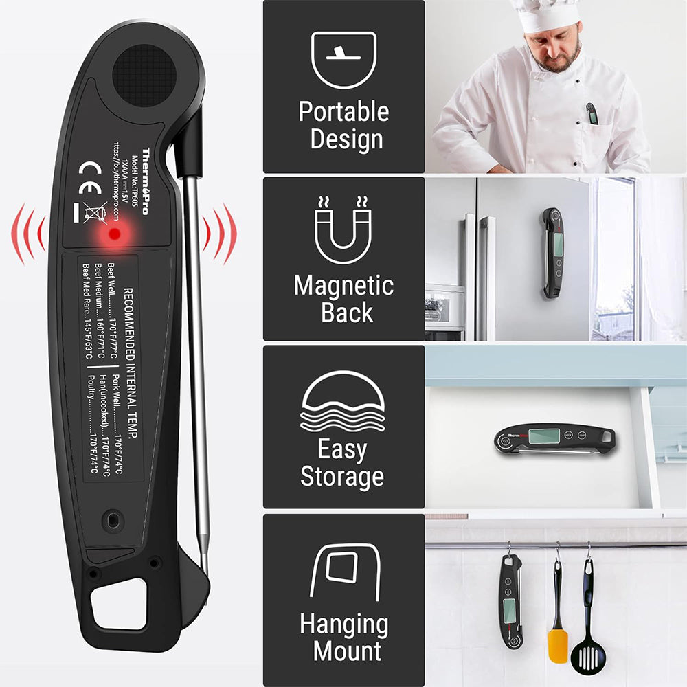 ThermoPro Instant Read Meat Thermometer Waterproof Digital Digital Backlit with Backlight, Calibration, Foldable Probe & Fast Up to 2-3s Read Time for Kitchen, Outdoor Grilling and BBQ | TP605 | TP603