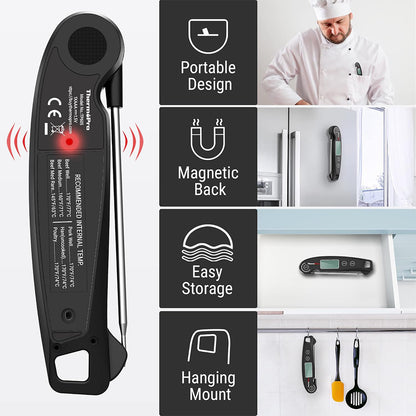 ThermoPro Instant Read Meat Thermometer Waterproof Digital Digital Backlit with Backlight, Calibration, Foldable Probe & Fast Up to 2-3s Read Time for Kitchen, Outdoor Grilling and BBQ | TP605 | TP603
