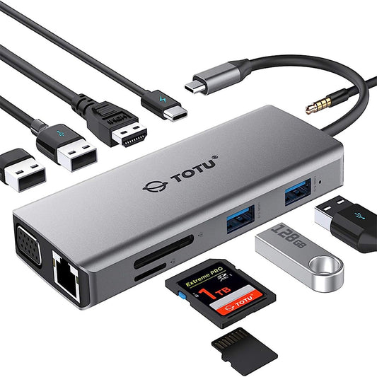 TOTU 11-in-1 Multi-Port USB Type C Hub Docking Station with 5Gbps Transmission Speed, RJ45 Ethernet Port, 4K UHD HDMI, PD 85W, 1080p VGA, USB-A 3.0, USB-A 2.0, Micro SD/TF Memory Card Reader, AUX Port for PC, Laptop, Windows, macOS, Linux