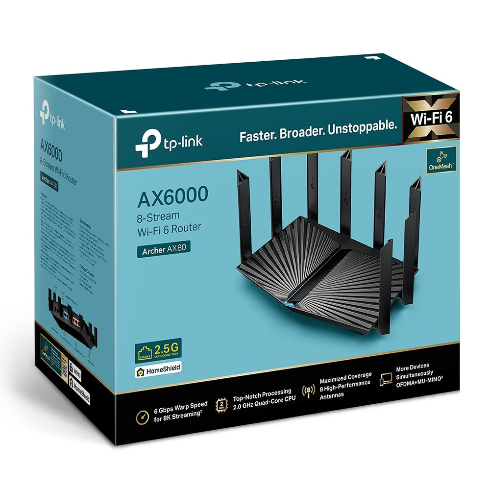 TP-Link Archer AX80 Lightning Fast AX6000 8-Stream Dual Band MU-MIMO Wi-Fi 6 Router with 2.5G Multi-Gigabit Port, 4804Mbps at 5GHz, 1148Mbps at 2.4GHz, 2GHz Quad-Core CPU, OFDMA, Beamforming, VPN Clients & Server Supported, OneMesh