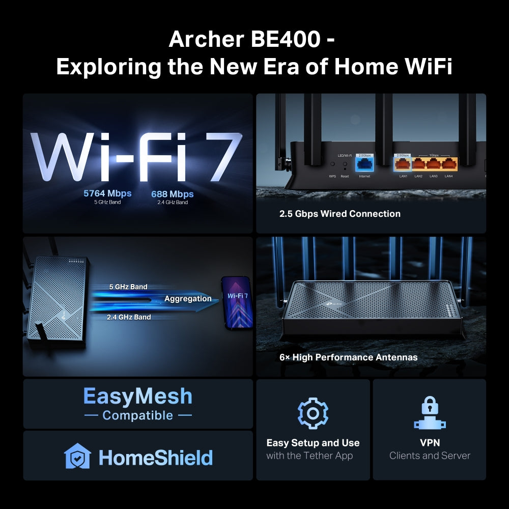 TP-Link Archer BE400 BE6500 Dual-Band Wi-Fi 7 6500Mbps Smart Gigabit Router with MU-MIMO, Beamforming, Whole Home Mesh, HomeShield Security, VPN, WPA3, QoS, 2.5Gbps WAN/LAN for 4K/8K Streaming, Online Gaming & Conferencing | TP LINK TPLINK