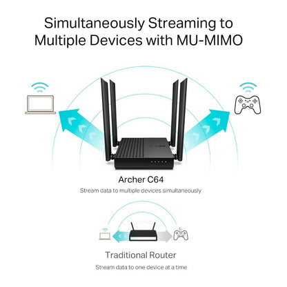 TP-Link Archer C64 AC1200 Dual Band Gigabit Wi-Fi MU-MIMO Router with 867Mbps at 5GHz, 300Mbps at 2.4GHz, Access Point Mode, Beamforming, IPv6 Supported, IPTV, Parental Controls, Agile Config