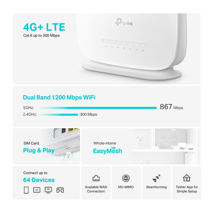 TP-Link Archer MR505 AC1200 WIFI 4G+ LTE Router with Cat6, Sim Card Slot, Dual Band 2.4GHz / 5GHz 1200Mbps Max Speeds, EasyMesh Function and Full Gigabit Ports for Internet and Networking