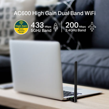 TP-Link Archer T2U Plus AC600 High Gain Wireless Dual Band USB 2.0 Adapter with 433Mbps at 5GHz, 200Mbps at 2.4GHz Wi-Fi, Adjustable High Gain External Antenna for Windows & macOS