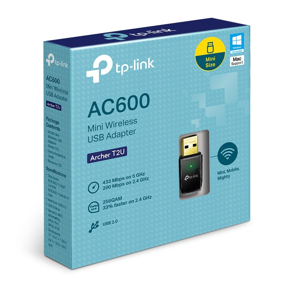 TP-Link Archer T2U AC600 Dual Band Wireless USB 2.0 Mini Adapter with 433Mbps at 5GHz, 150Mbps at 2.4GHz Wi-Fi for Windows & macOS