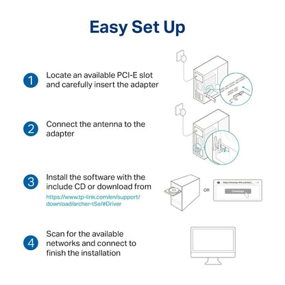 [CLEARANCE] TP-Link Archer T5E AC1200 Dual Band Wireless Bluetooth 4.2 PCIe Adapter with 867Mbps at 5GHz, 300Mbps at 2.4GHz, High Gain External Antennas, Standard & Low-Profile Bracket, WPA/WPA2 Encryption for Windows 11/10/8.1/8/7