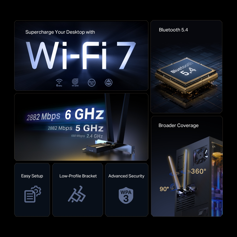 TP-Link Archer TBE400E / TBE550E / TBE552E WIFI 7 Bluetooth 5.4 Wireless PCIe Adapter with Tri Band 6GHz, 5Ghz, 2.4GHz Speeds, WPA3 Security Protocol, OFDMA, MU-MIMO Support and Low Profile Brackets for Internet and Networking