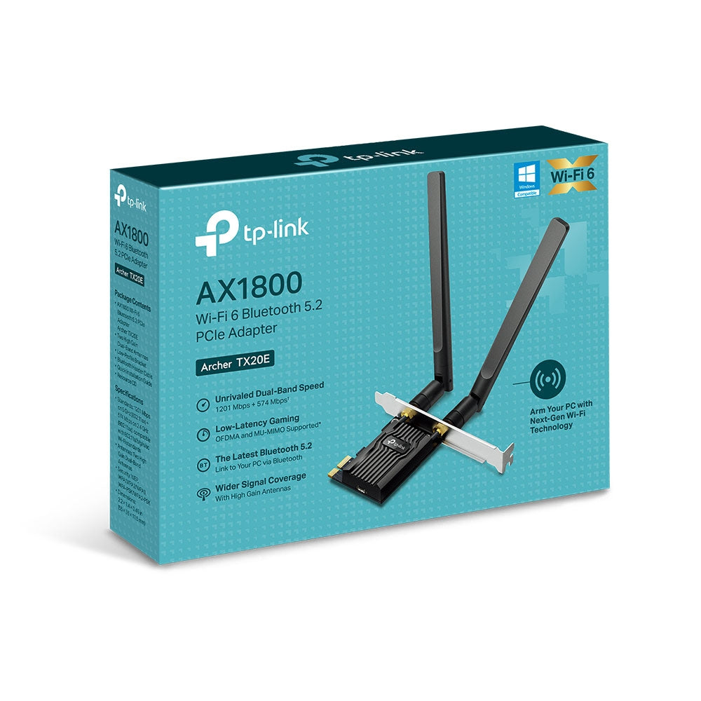 TP-Link Archer TX20E AX1800 Dual Band Wi-Fi 6 Bluetooth 5.2 PCIe Adapter with 1201Mbps at 5GHz, 574Mbps at 2.4GHz, MU-MIMO, Beamforming, WPA3, OFDMA, High Gain External Antennas, Low-Profile Bracket for Windows 10 / 11