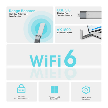 TP-Link Archer TX20UH AX1800 WIFI 6 Wireless High Gain USB Adapter with Dual Band 5GHz / 2.4GHz Max 1201Mbps Speeds, SuperSpeed USB 3.0, WPA3 Security Protocol, OFDMA MU-MIMO Support for Internet and Networking
