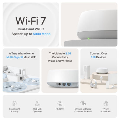 TP-Link Deco BE25 5Gbps (BE5000) WIFI 7 Home Mesh System Dual Band 5GHz / 2.4GHz, 2.5Gbps Wired and Wireless Connection, MLO Function, AI-Driven Roaming and HomeShield App Support for Network and Internet