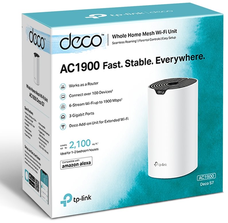 TP-Link Deco S7 AC1900 Whole Home Mesh Dual Band Wi-Fi System with 1300Mbps at 5GHz, 600Mbps at 2.4GHz, Covers Up to 2,100 sq.ft., Connects over 100 Devices, 3x Gigabit Ports, Router/AP Mode, MU-MIMO, Beamforming, IPv6, Alexa Supported