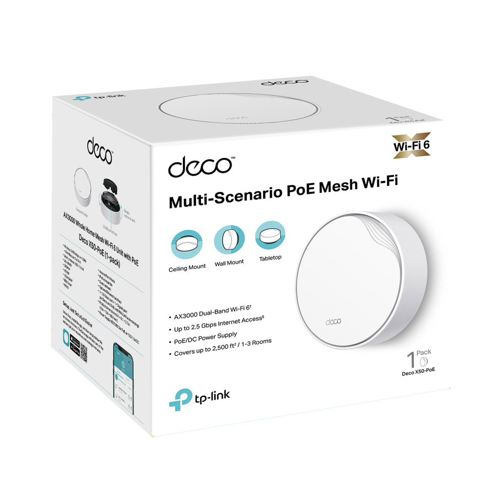 TP-Link Deco X50-PoE AX3000 Dual-Band Whole Home Mesh Wi-Fi 6 System with  PoE 2402Mbps 5GHz / 574Mbps 2.4GHz Supports Wifi Router and Access Point