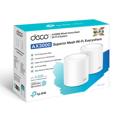 TP-Link Deco X50 (2-Pack) AX3000 Whole Home Mesh Dual Band Wi-Fi 6 System with 2402Mbps at 5GHz, 574Mbps at 2.4GHz, Covers Up to 4,500 sq.ft., Connect 150 Devices, Router/AP Mode, MU-MIMO, Beamforming, IPv6, OFDMA, IPTV, Alexa Supported