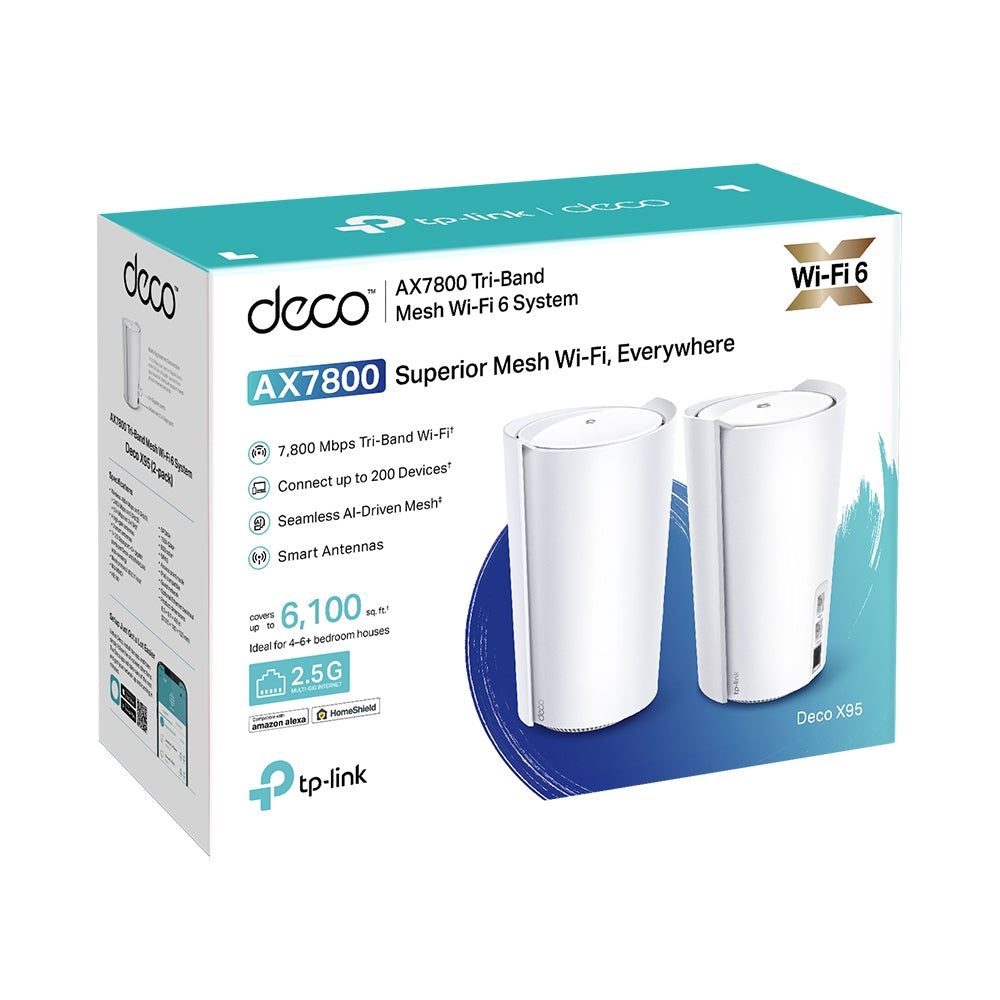 TP-Link Deco X95 (2-Pack) AX7800 Whole Home Mesh Tri-Band Mesh Wi-Fi 6 System with 4804Mbps at 5GHz-1, 2402Mbps at 5GHz-2, 574Mbps at 2.4GHz, Covers Up to 6,100 sq.ft., Connect 200 Devices, 2.5G Port, AI Mesh, Router/AP Mode, MU-MIMO