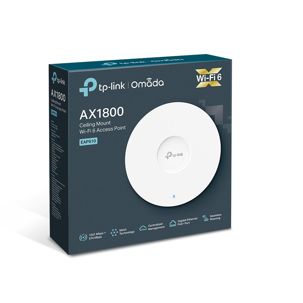 TP-Link EAP610 AX1800 Dual Band Ceiling Mount Wi-Fi 6 Access Point with 1201Mbps at 5GHz, 574Mbps at 2.4GHz, Gigabit RJ45 Port, Omada Mesh Technology, PoE+ Powered, Seamless Roaming, MU-MIMO, Beamforming, Omada SDN