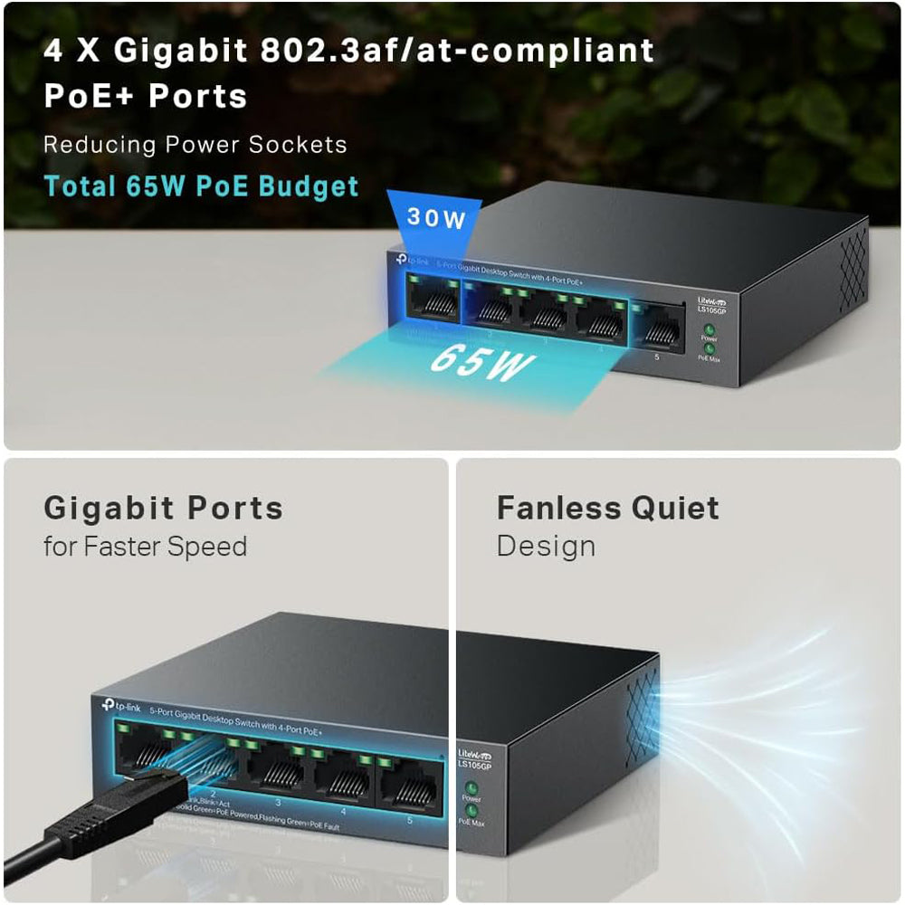 TP-Link LS105GP LiteWave 5-Port Gigabit Desktop Switch with 4-Port PoE+ | 65W Budget, 250m Transmission, Auto-Recovery & Power Management for  IP Security Cameras, IP Line Phone, Access Points & Network Video Recorder | TP Link TPLink