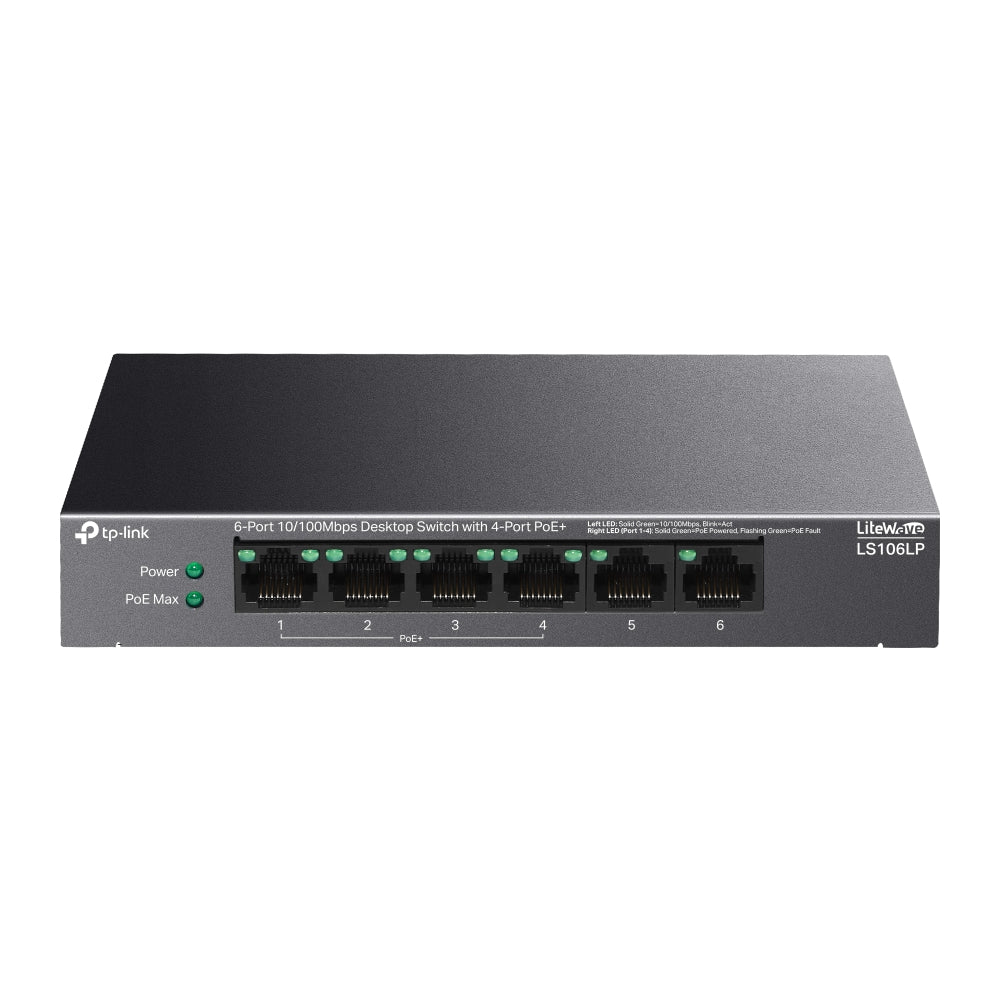 TP-Link LS106LP 6-Port 10/100Mbps Desktop Network Switch with 4-Port PoE+ (Unmaged) with 41W PoE Budget, IP Surveillance & 250m Transmission for IP Security Cameras, Phones, Access Points & Network Video Recorders | TP LINK TPLINK