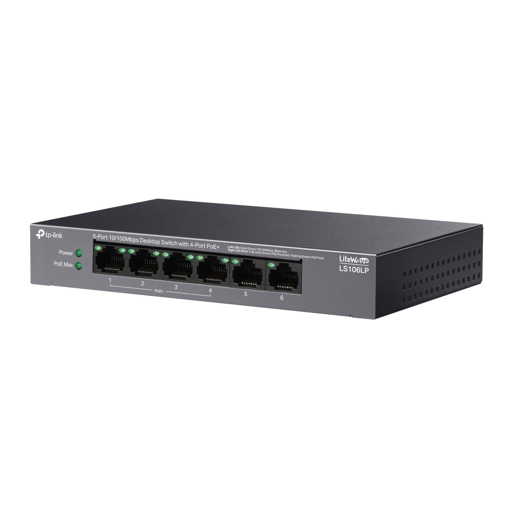 TP-Link LS106LP 6-Port 10/100Mbps Desktop Network Switch with 4-Port PoE+ (Unmaged) with 41W PoE Budget, IP Surveillance & 250m Transmission for IP Security Cameras, Phones, Access Points & Network Video Recorders | TP LINK TPLINK