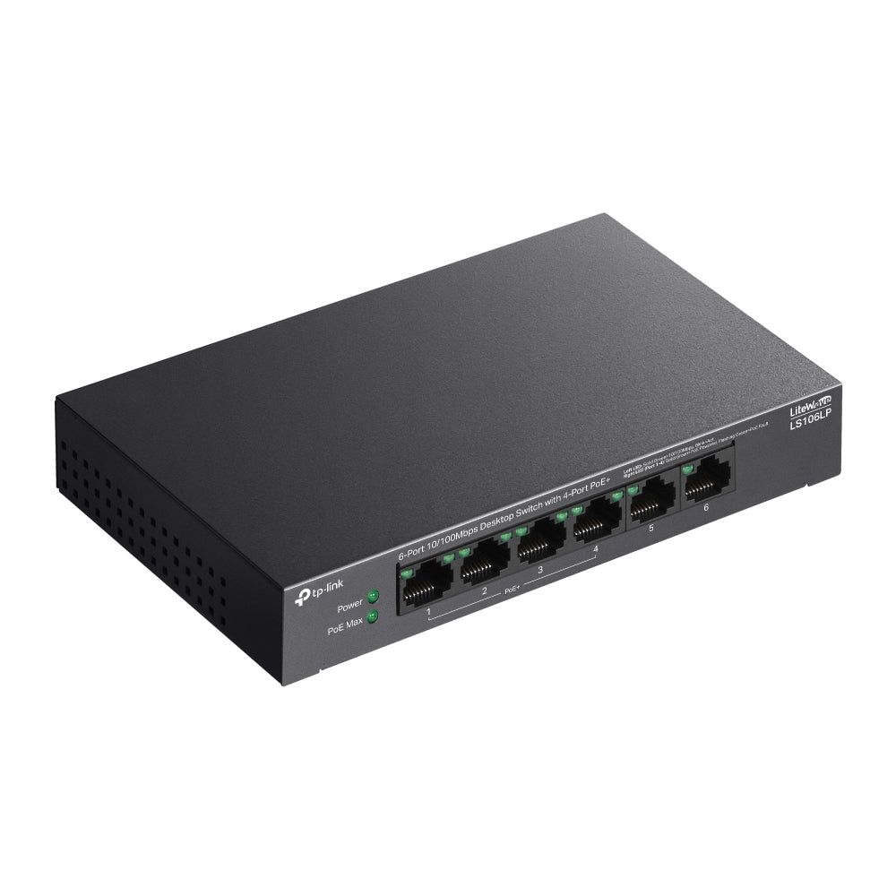 TP-Link LS106LP 6-Port 10/100Mbps Desktop Network Switch with 4-Port PoE+ (Unmaged) with 41W PoE Budget, IP Surveillance & 250m Transmission for IP Security Cameras, Phones, Access Points & Network Video Recorders | TP LINK TPLINK