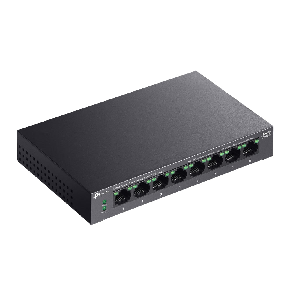 TP-Link LS108GP 8-Port 10/100Mbps Desktop Network Switch with 8-Port PoE+ (Unmaged) with 62W PoE Budget, IP Surveillance & 250m Transmission for IP Security Cameras, Phones, Access Points & Network Video Recorders | TP LINK TPLINK