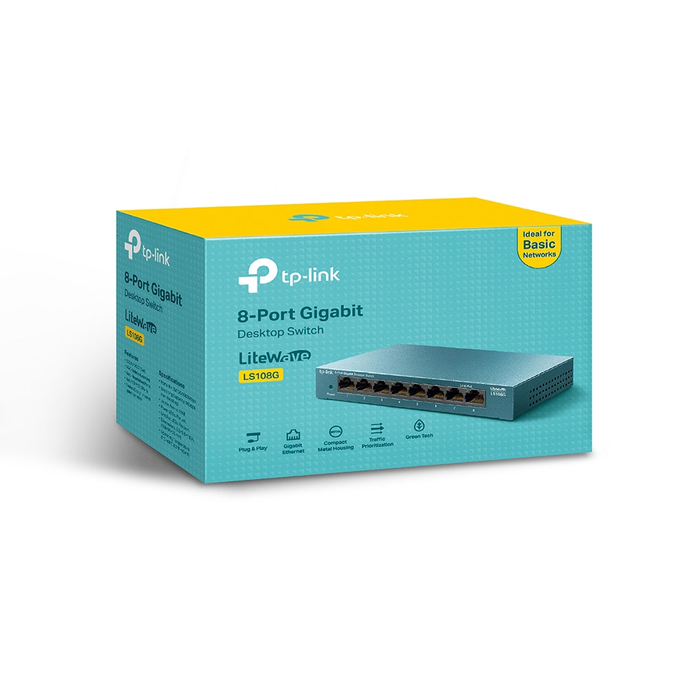 TP-Link LS108G 8-Port 10/100/1000Mbps Gigabit Desktop Switch with Auto-Negotiation RJ45 Ports Supporting Auto-MDI/MDIX, Driver Free, Fanless, 802.1p/DSCP QoS Function, MAC Address Learning, 802.3X Flow Control, Green Ethernet Technology